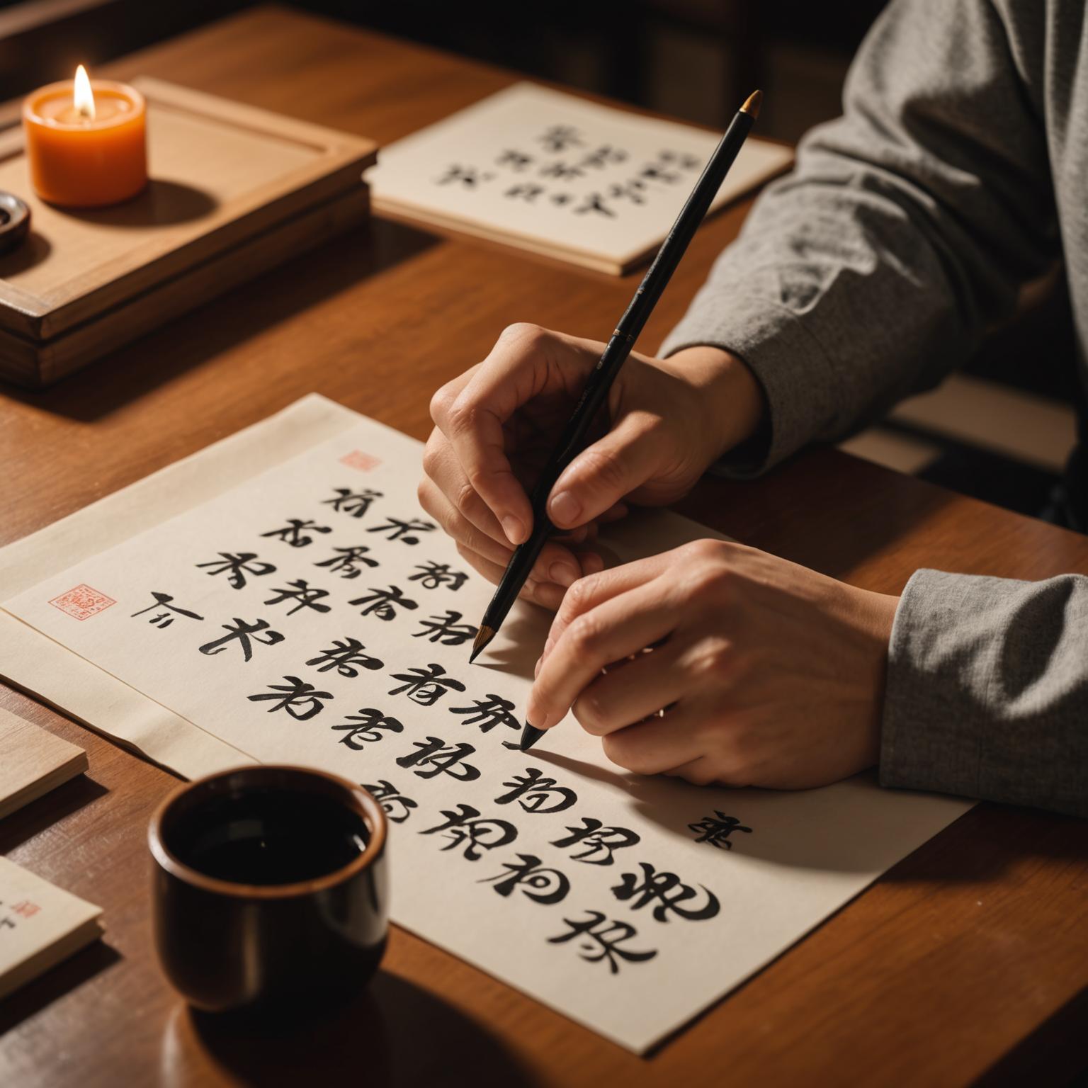 Student practising Mandarin characters at a desk