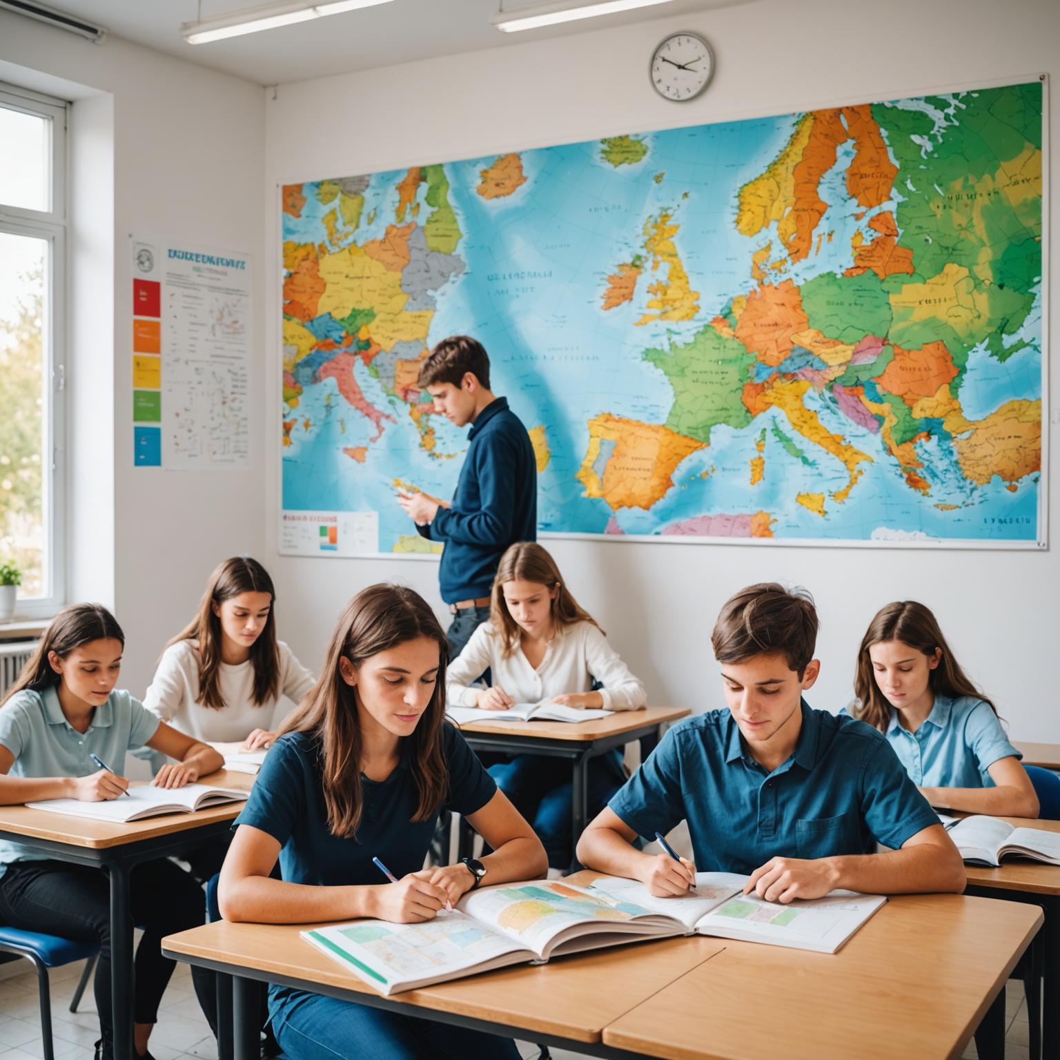 European language class at ICLS with students engaged in group conversation practice