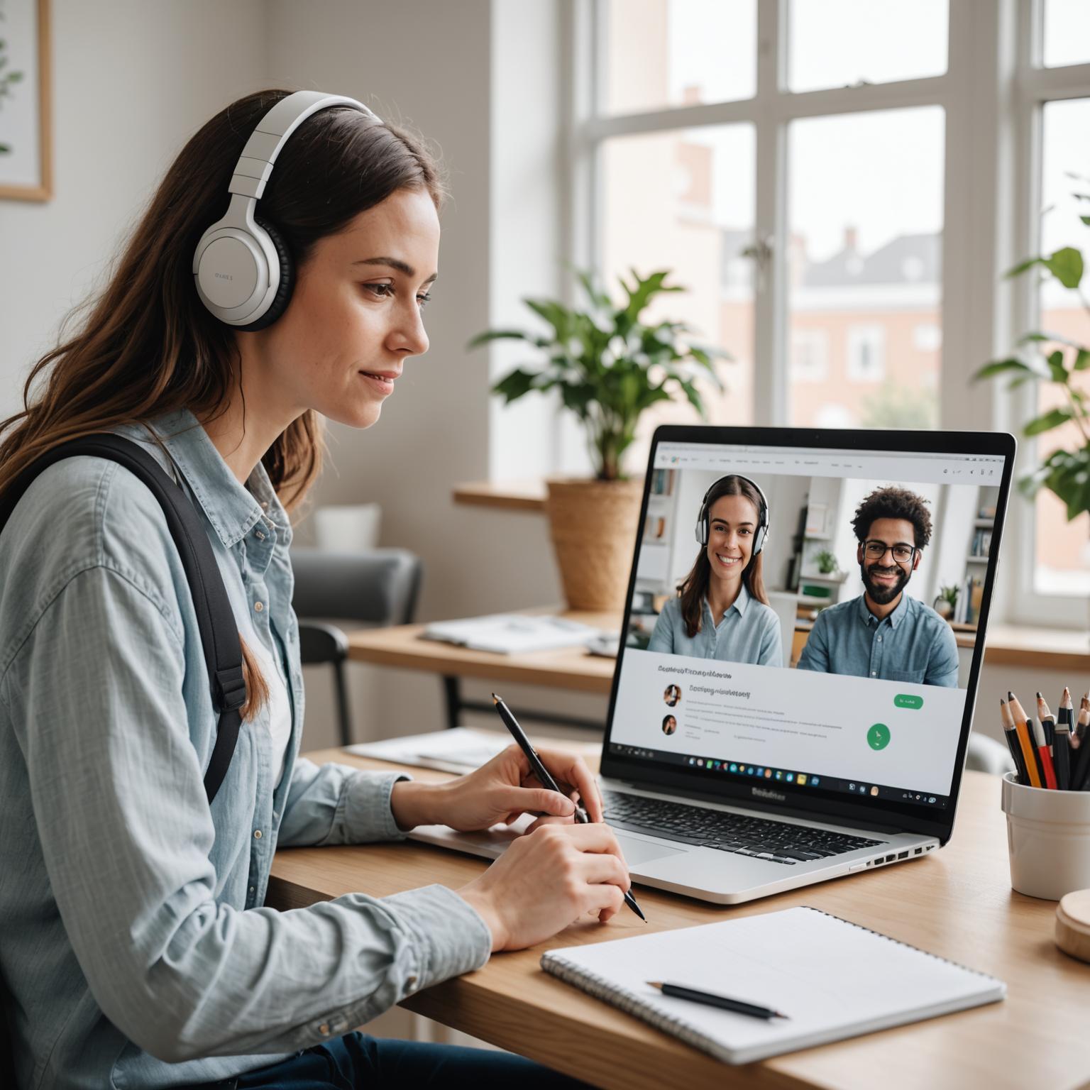 Student attending a live online language class with an ICLS instructor on screen