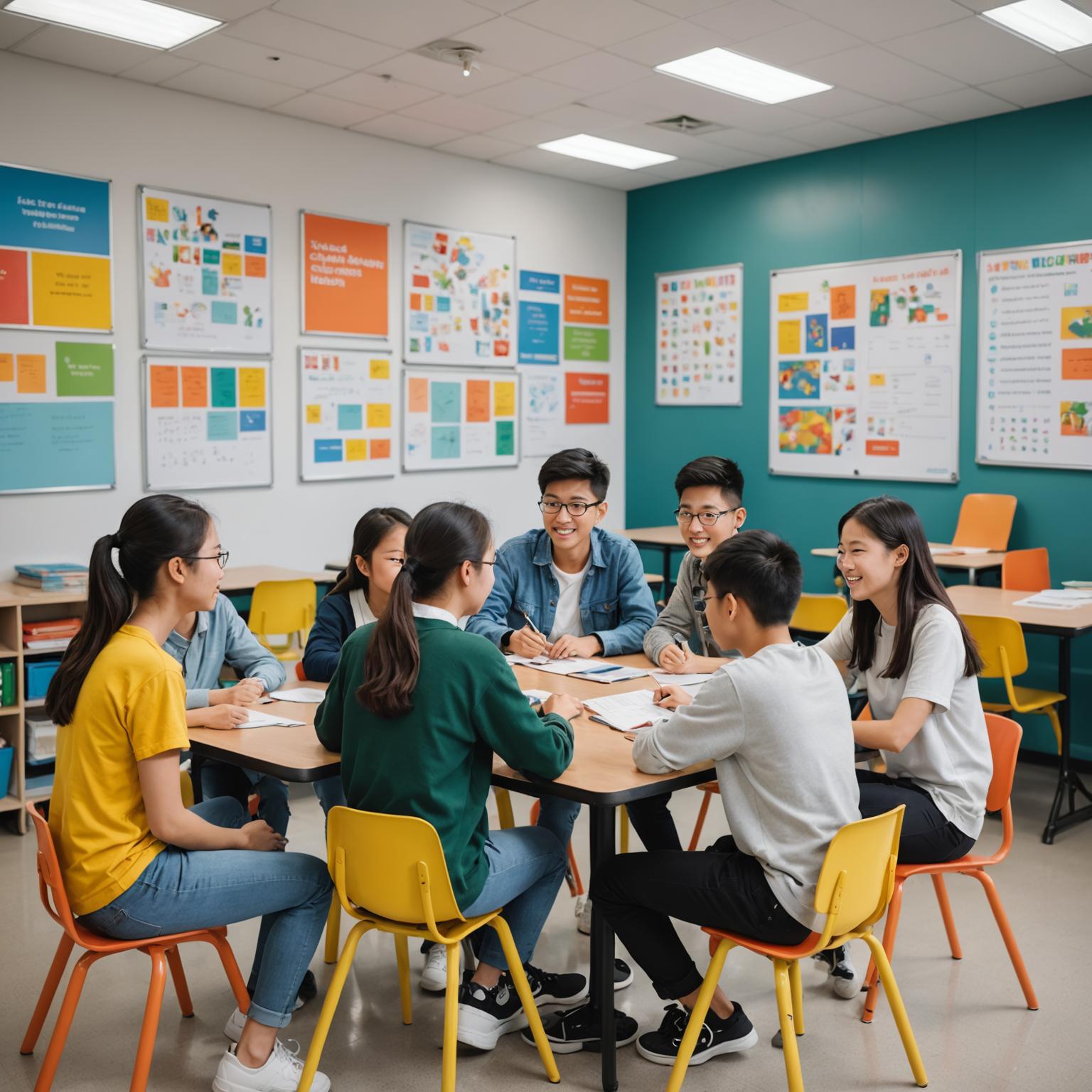 Language classroom with students practicing conversation