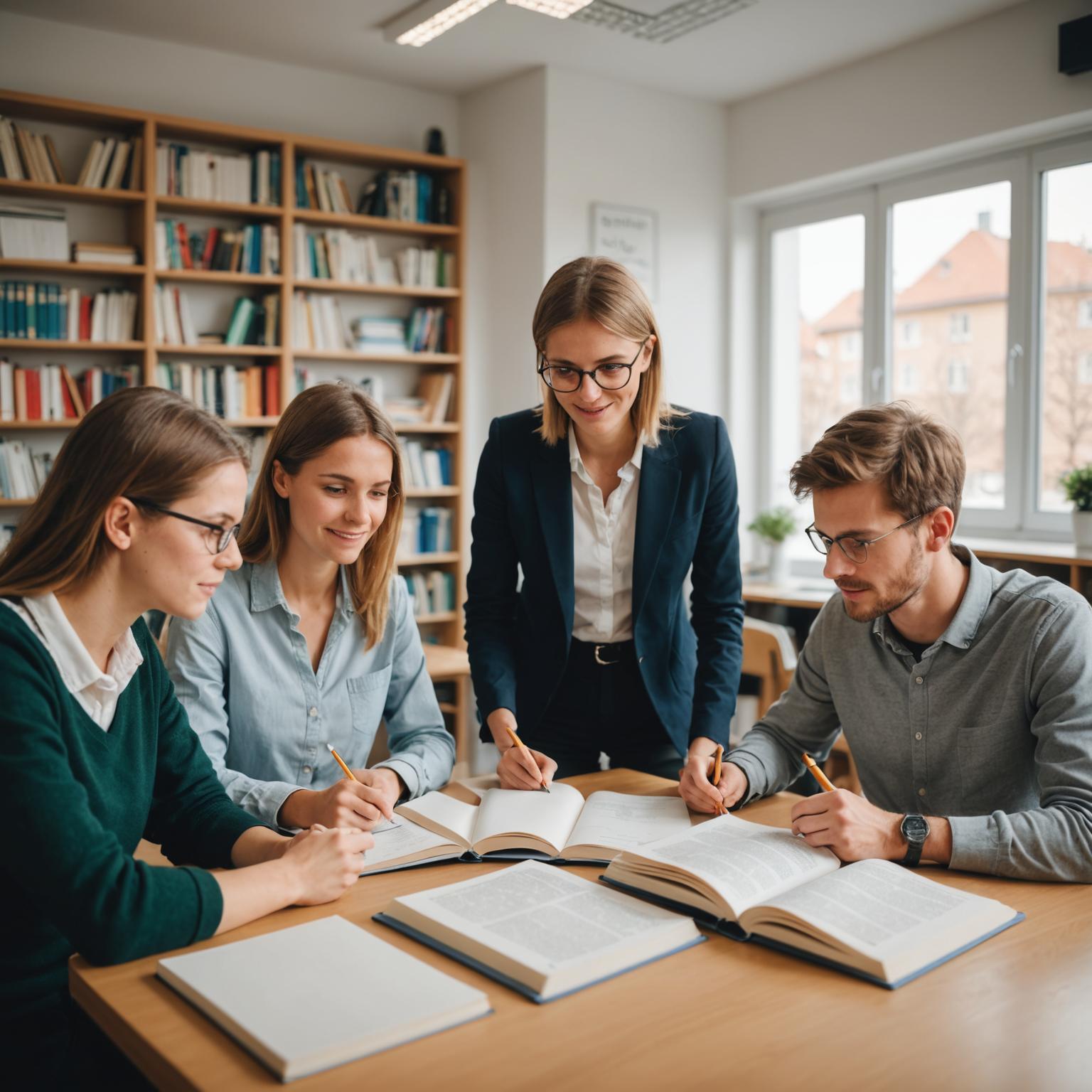 German class discussion around a study table